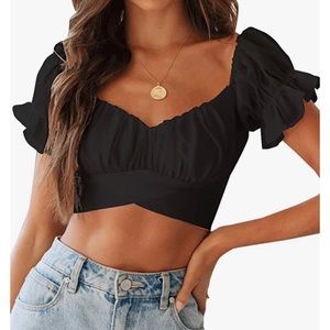 Ruffle Short Sleeve Tie Up Back Crop Top